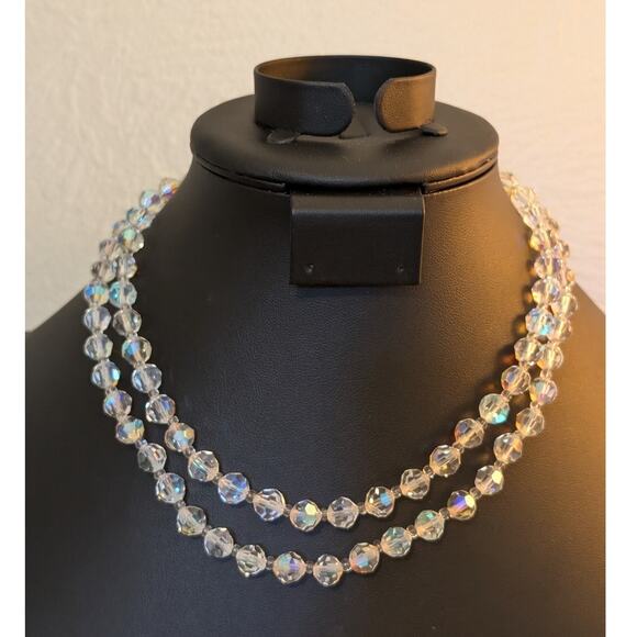 Vintage 1950s Double Strand Faceted Austrian AB Crystal Fancy Clasp Necklace - Picture 1 of 7